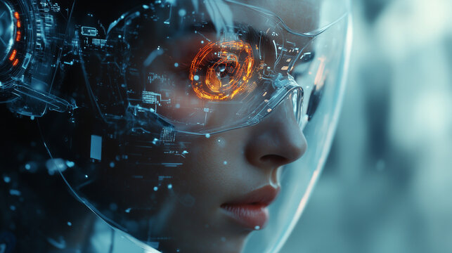 Futuristic Female Cyborg with Augmented Reality Visor – Sci-Fi Cybernetic Woman Featuring Advanced AI Technology, Neural Interface, and Digital HUD in High-Tech Science Fiction Environment

