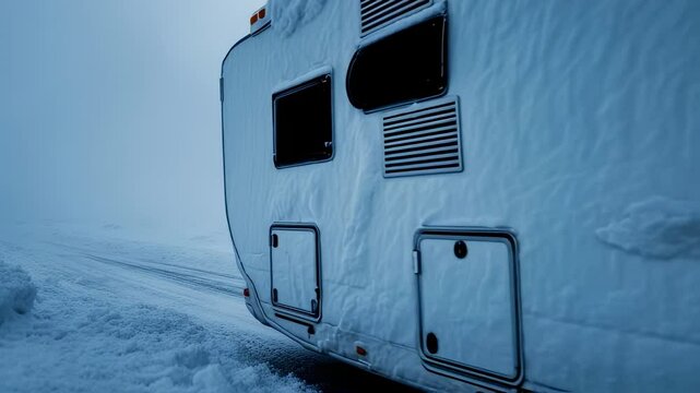 Winter RV Adventure: A Snow-Covered Camper Van on a Cold Expedition
