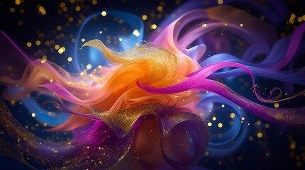 Colorful abstract ribbons swirl with golden sparkles creating a magical and dreamy background