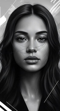 Close-up grayscale digital illustration of a woman&rsquo;s face with dynamic hair, full lips, and detailed facial features, featuring artistic geometric shapes in the backdrop