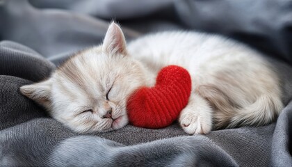 Precious British Chinchilla Kitten Dreaming on a Gray Blanket with a Red Caramel Heart A Cozy Scene Filled with Soft Textures and Warm Emotions
