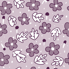 Seamless floral pattern with purple and white leaves and berries on a light purple background, use for wallpaper, textile and print.
