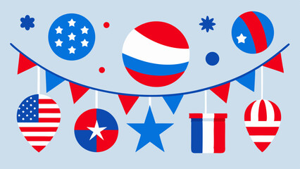 Patriotic red, white and blue decorations with stars, stripes and hanging shapes for celebration