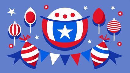 Obraz premium Patriotic celebration decorations in red, white and blue with stars, balloons, candies and party hat