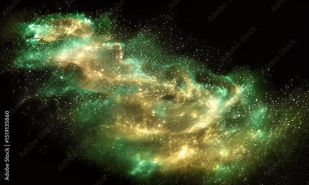 Aufkleber abstract green and gold nebula with particle effects and dark background for science and space explo
