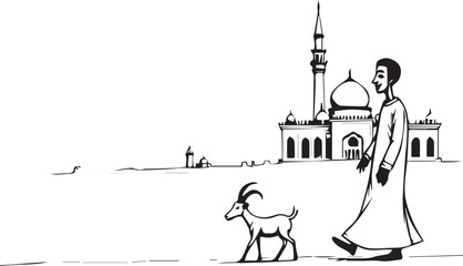 Serene Morning with a Goat and Man Near a Mosque Dome