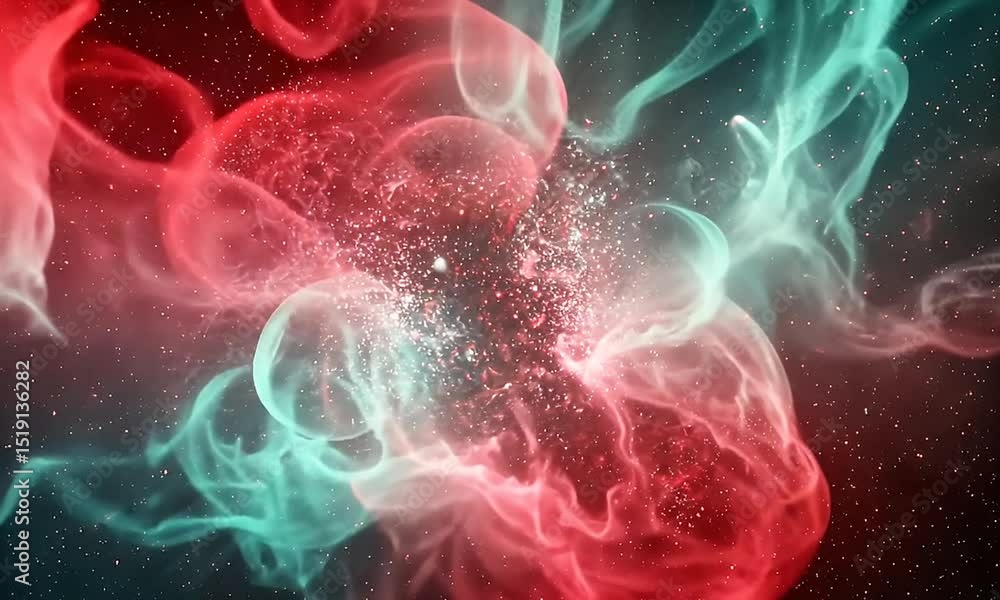 Poster abstract nebula cloud in red and blue glowing stars on dark background for creative projects and vis