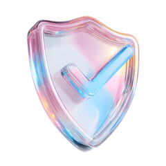 Striking 3D render of a transparent pastel colored shield shape with a bold checkmark icon symbolizing security approval and validation