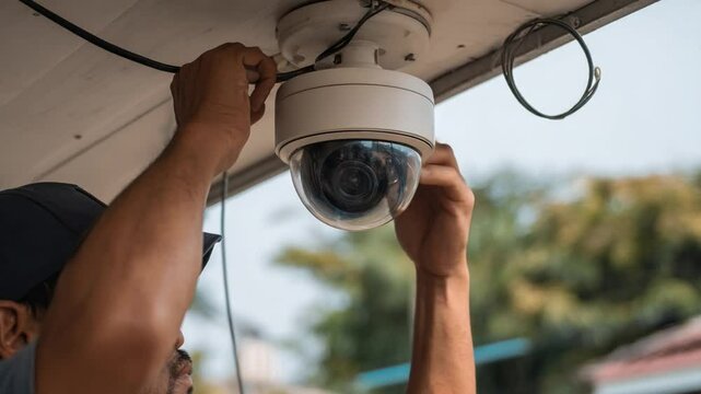 Security System Installation: A professional installs a modern security camera system, highlighting the intricate process of securing a property with advanced surveillance technology.