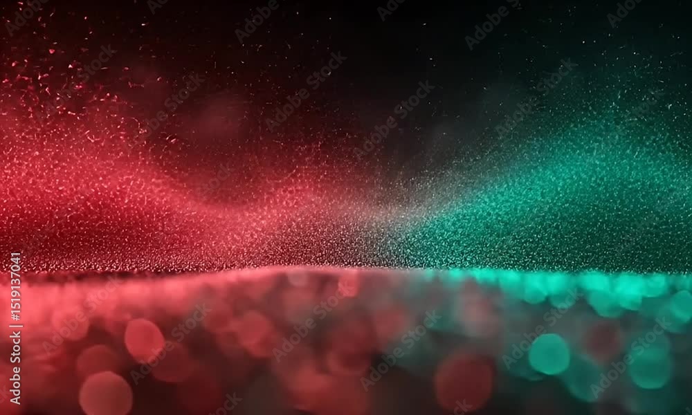 Poster abstract particle background with red and teal bokeh lights shimmering glittering particles on black