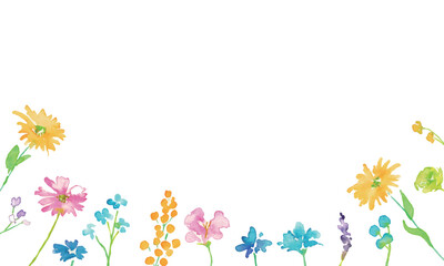 水彩画。水彩タッチのカラフルな花花束イラスト。色とりどりの花のベクターフレーム背景。Watercolor painting. Colorful flower bouquet illustration with watercolor touch. Colorful flowers vector frame background.