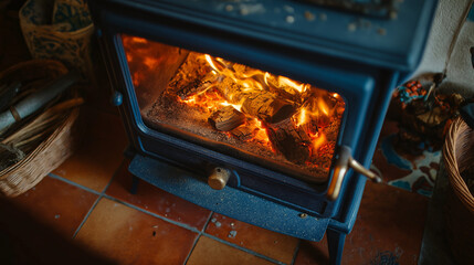 A wood-burning stove with bright flames consuming logs, shows the warmth and rustic charm of indoor heating. The fiery orange colors illuminate the interior of the stove, enhancing the cozy atmosphere