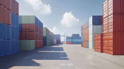 Cargo containers stacked at a busy port with a freight ship ready for shipping and logistics operations