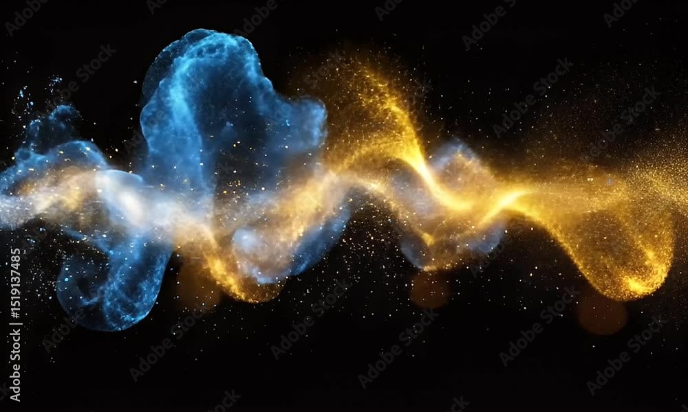 Aufkleber abstract particle flow in gold and blue against a black background with dynamic motion and luminous 
