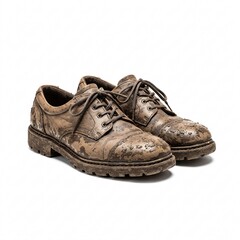 Classic worn, old and dirty leather shoes with laces