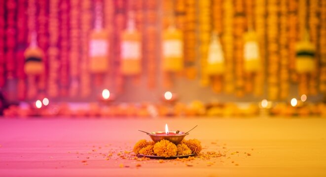 Gradient from warm pink to bright marigold orange, blurred floral arrangement in the background, copy space in the bottom center.