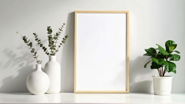 Wooden frame mockup on shelf with plants, featuring eucalyptus branches and fiddle leaf fig in soft light
