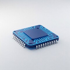 A blue microchip with bright blue traces and pins,