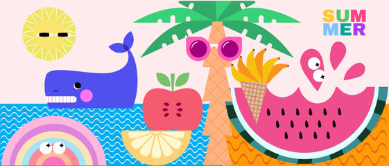 Fototapeta premium Summer concept design abstract background Set funky icons Vector cute flat illustration
