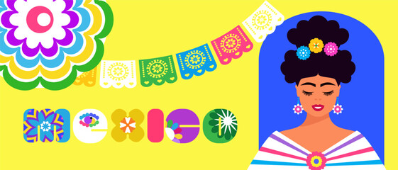 Pretty women, mexican girl in cartoon flat style Funky character for design mexican template design social media post, web banner, cover, card Vector icon illustration