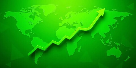 Global marketing investment growth visualized by upward-trending arrow and stick graph on world map background, green theme,  analytics,  economy