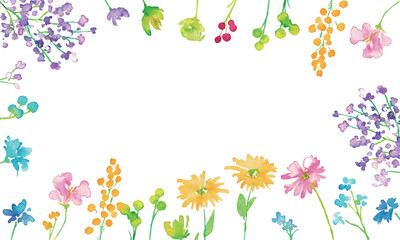 水彩画。水彩タッチのカラフルな花花束イラスト。色とりどりの花のベクターフレーム背景。Watercolor painting. Colorful flower bouquet illustration with watercolor touch. Colorful flowers vector frame background.