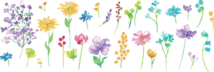 水彩画。水彩タッチのカラフルな花花束イラスト。色とりどりの花のベクターフレーム背景。Watercolor painting. Colorful flower bouquet illustration with watercolor touch. Colorful flowers vector frame background.