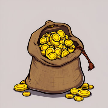 Cartoon pirate treasure icon, burlap sack filled with gold coins and tied with a rope. Vector old bag open and overflowing with wealth. Corsair adventure game asset, loot of filibuster money