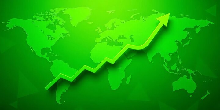 Global marketing investment growth visualized by upward-trending arrow and stick graph on world map background, green theme,  analytics,  economy