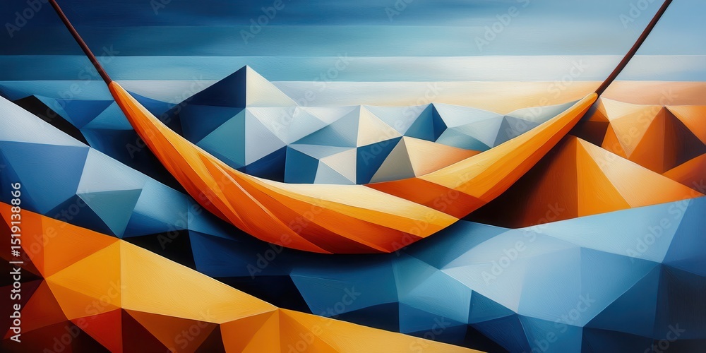 Poster relax hammock beach concept. abstract geometric landscape featuring a hammock suspended over vibrant