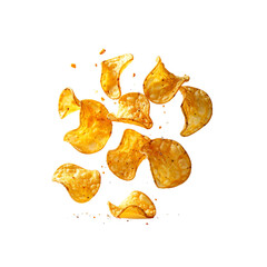 Delicious crispy potato chips falling on fat food diet on transparent background