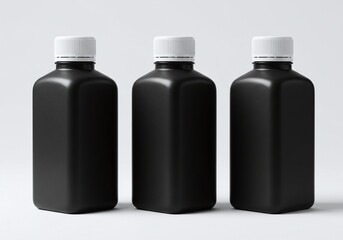 Three Matte Black Bottles with White Caps on Clean White Surface