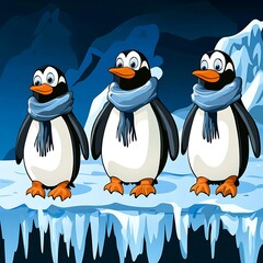 Illustrative cartoon penguins wearing scarves standing on icy terrain background