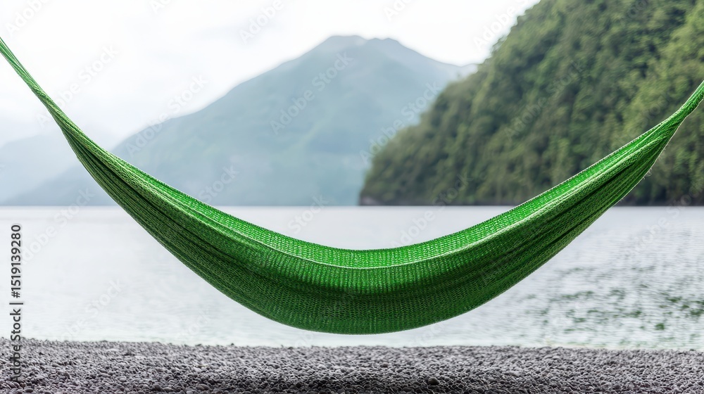 Poster relax hammock beach concept. tranquil hammock by the water with mountains in the background.