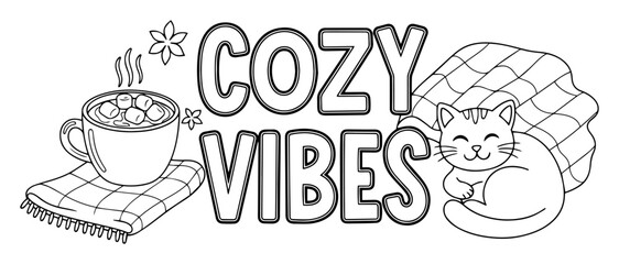 cozy vibes quote with blanket and cat duo