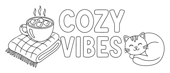cozy vibes quote with cat and hot chocolate