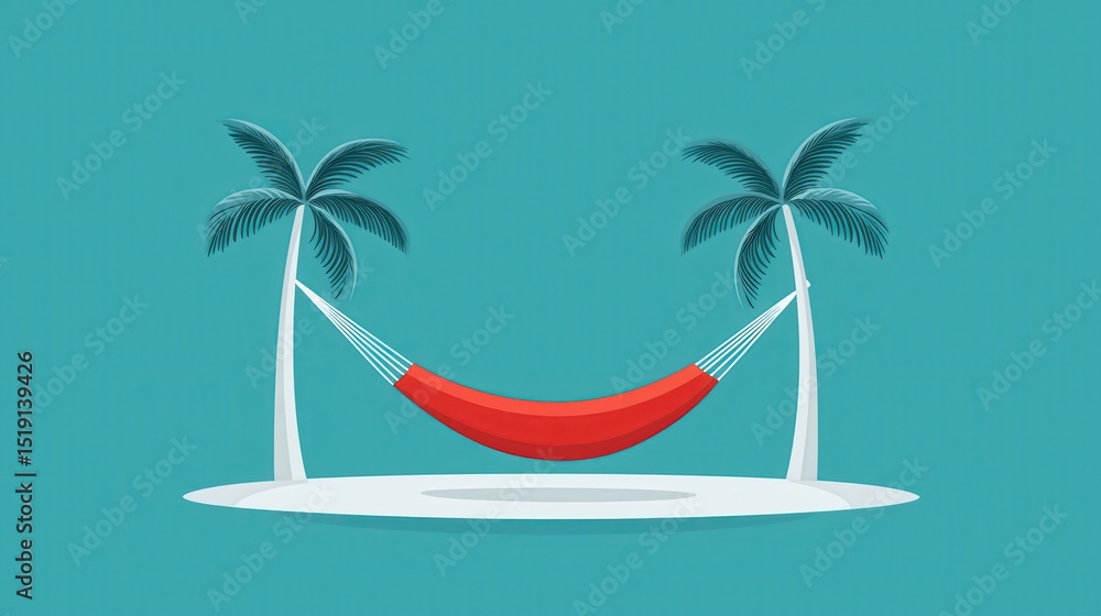 Poster relax hammock beach concept. hammock between palm trees on a vibrant turquoise background evokes rel