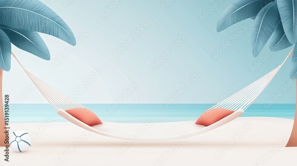 Poster relax hammock beach concept. a serene beach scene featuring a hammock between palm trees, ideal for 
