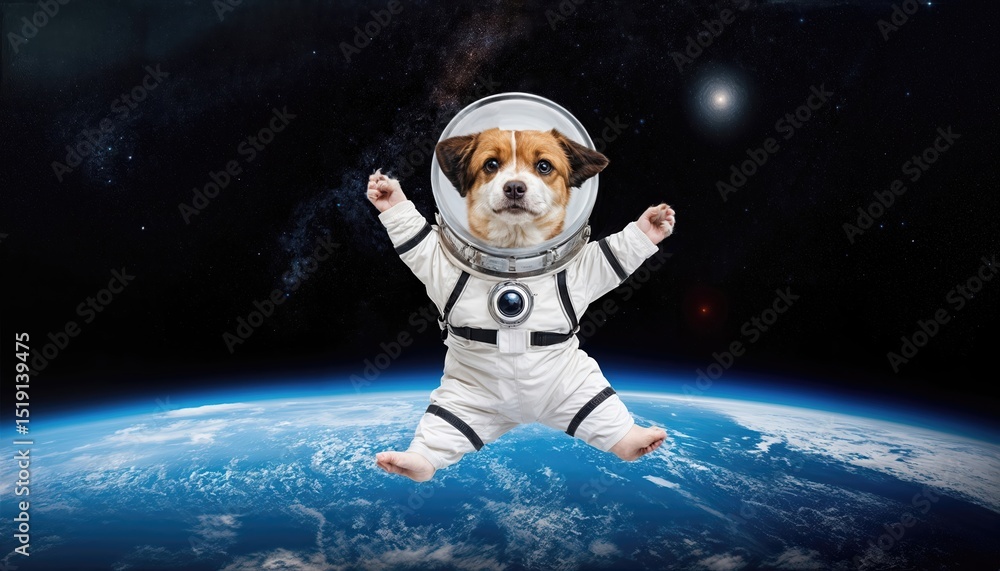 Poster tiny spacesuited dog floats joyfully in zero gravity, against an aweinspiring earth backdrop at twil