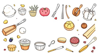 Hand-drawn doodle illustrations of various baking ingredients and tools, isolated on white ,  whisk,  sweet