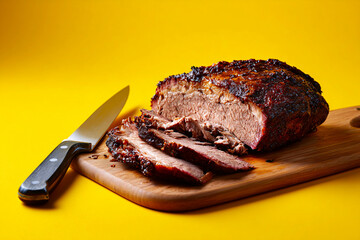 Texas smoked brisket glows in studio light, sunny corner, pastel yellow backdrop, clean style