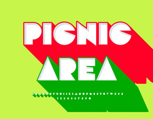 Vector Creative template Picnic Area. Big Geometric Font with Green Big Shadow. Fashion Alphabet Letters and Numbers set.