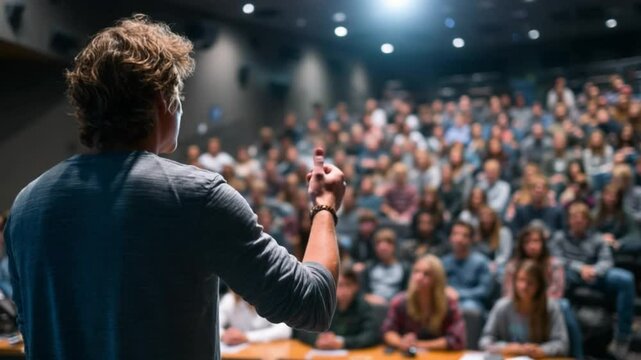 Inspiring Presentation: A speaker captivates a vast audience within an auditorium. The room buzzes with anticipation and shared learning, as the presenter delivers an important message.