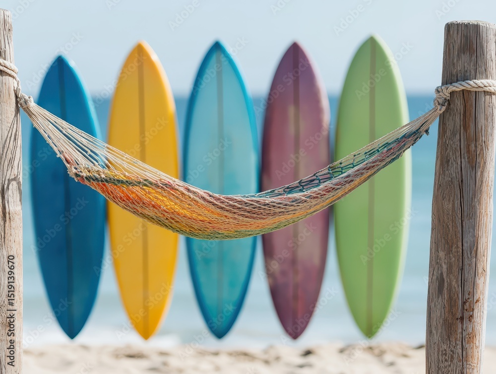 Aufkleber relax hammock beach concept. colorful surfboards and a hammock against a beach backdrop create a vib