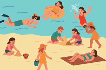 Happy Children and Families Enjoying Summer at the Beach