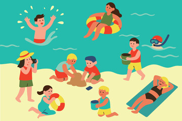 Happy Children and Families Enjoying Summer at the Beach