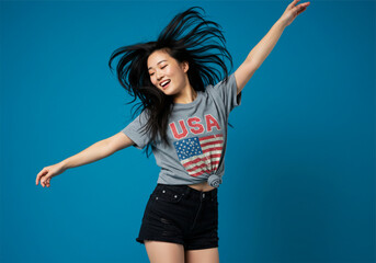 Naklejka premium Woman posing joyfully against blue background