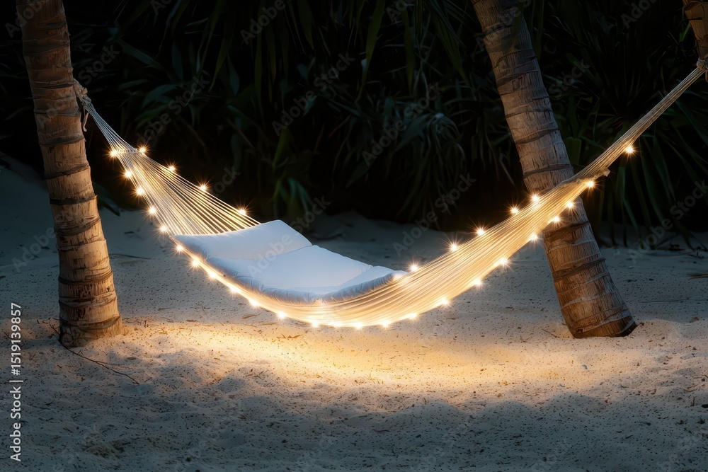 Poster relax hammock beach concept. a hammock draped with fairy lights between palm trees at night, creatin