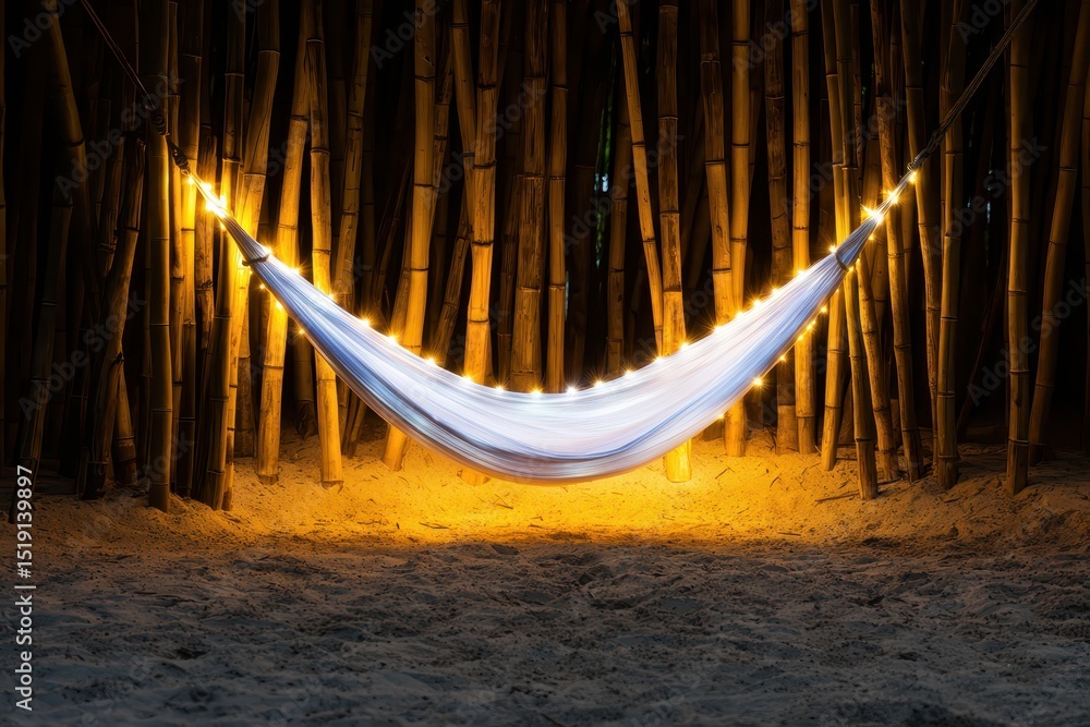 Poster relax hammock beach concept. a serene hammock hanging amidst bamboo in a softly lit forest setting.