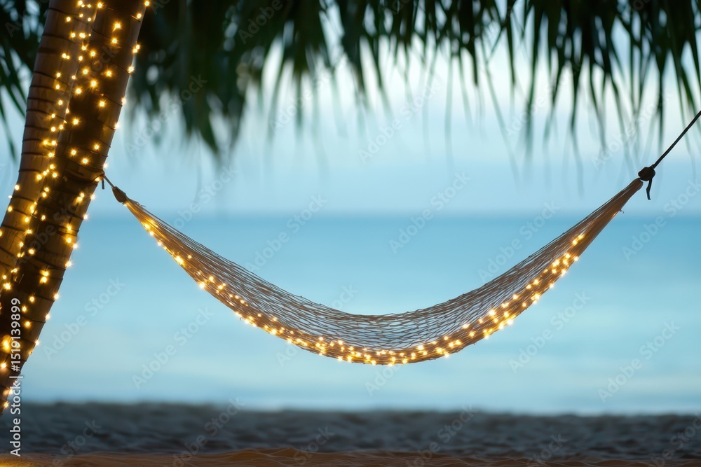 Poster relax hammock beach concept. Hammock draped with lights on a beach, surrounded by palm trees and serene ocean view.